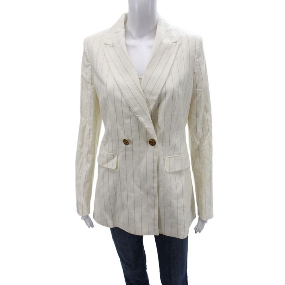 Donna Karan New York Women Ivory Striped Linen Basic Jacket Button Front Size 2
